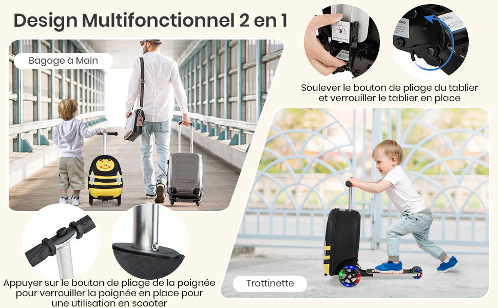 DREAMADE Valise 19&#34; Enfant 5+ Ans en Coque Rigide Trottinette Pliable avec Roues Clignotante LED