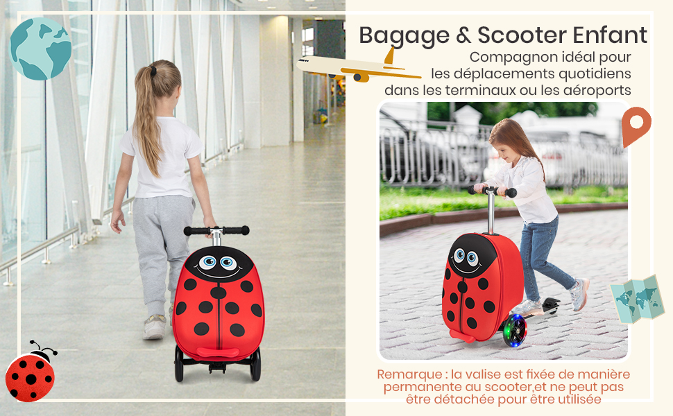 DREAMADE Valise 19&#34; Enfant 5+ Ans en Coque Rigide Trottinette Pliable avec Roues Clignotante LED